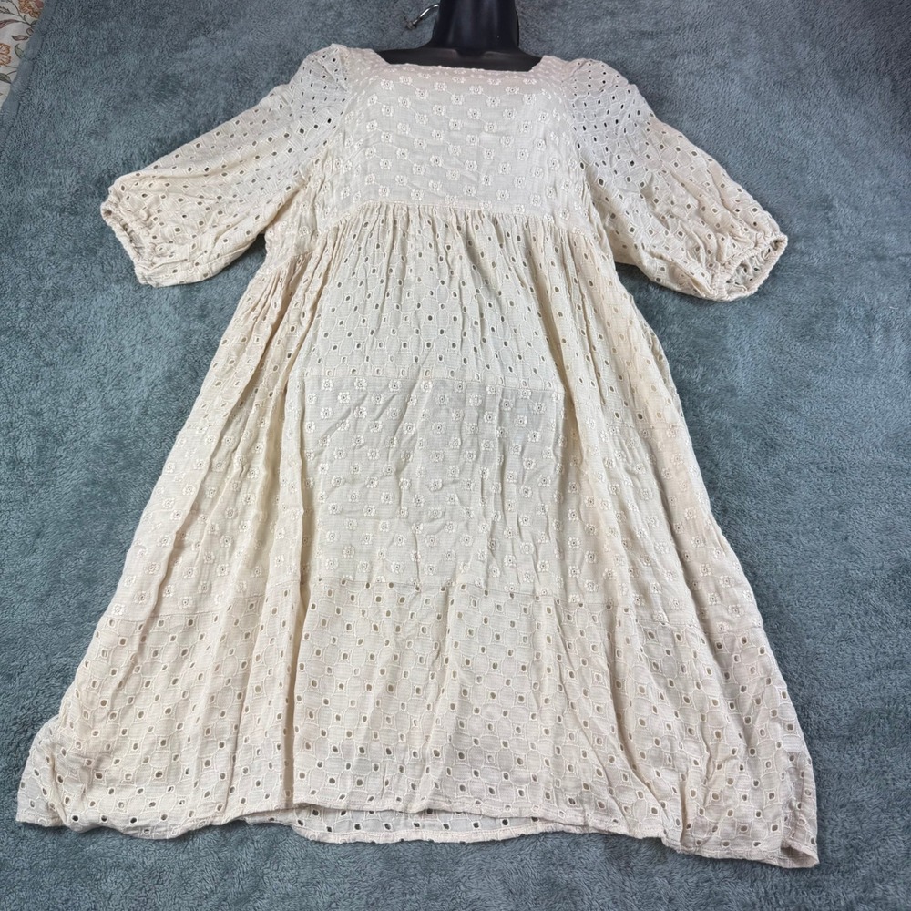 Rylee + Cru Natural Eyelet Lace Babydoll‎ Dress Cream Puff Sleeve Small RCW271NA